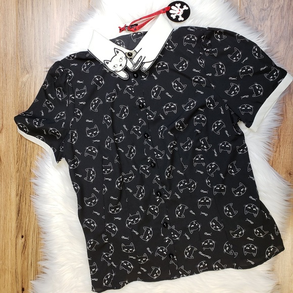 NWT Hell Bunny Matou Cat Collar Print Blouse - Picture 4 of 7